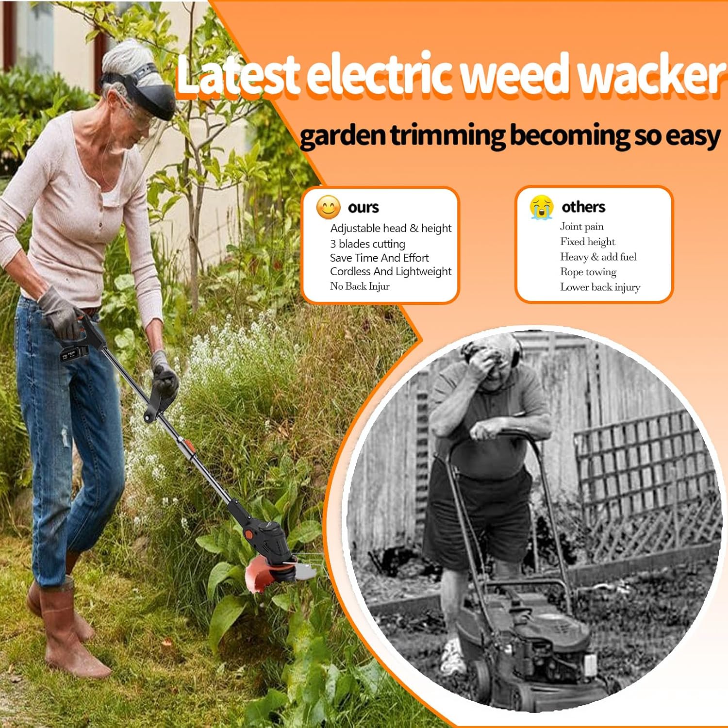 21V String Trimmer Cordless Battery Powered Weed Wacker, 2 X 2.0Ah Battery and a Charger, Brush Edger Lawn Tool for Garden and Yard